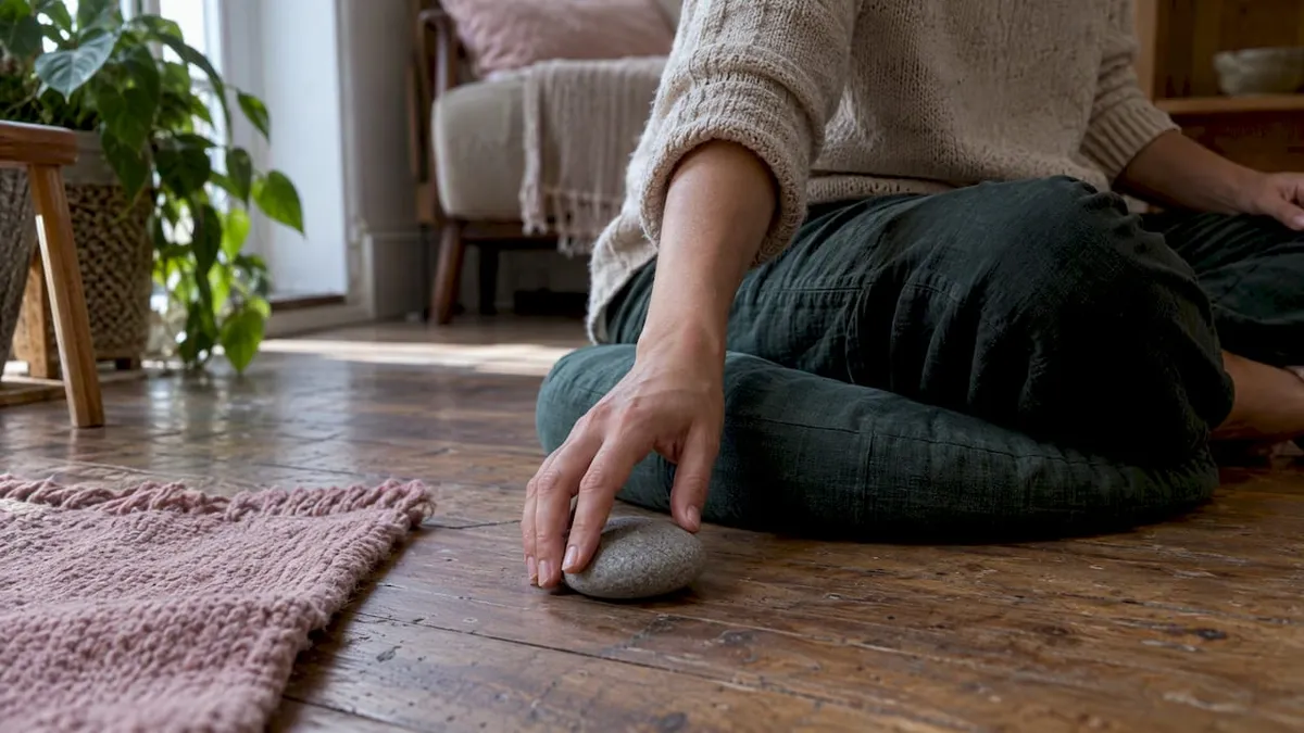 Hand touching stone meditation cue