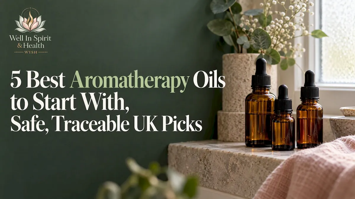 Amber essential oil bottles on bathroom shelf