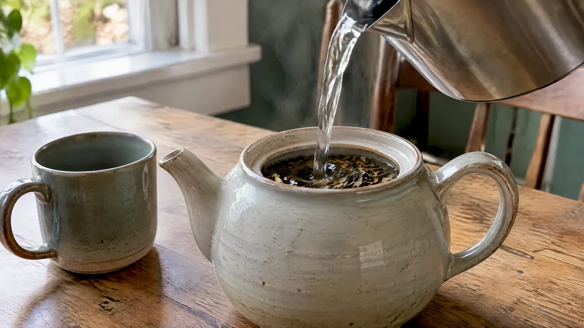 Loose-leaf tea steeping beside a mug