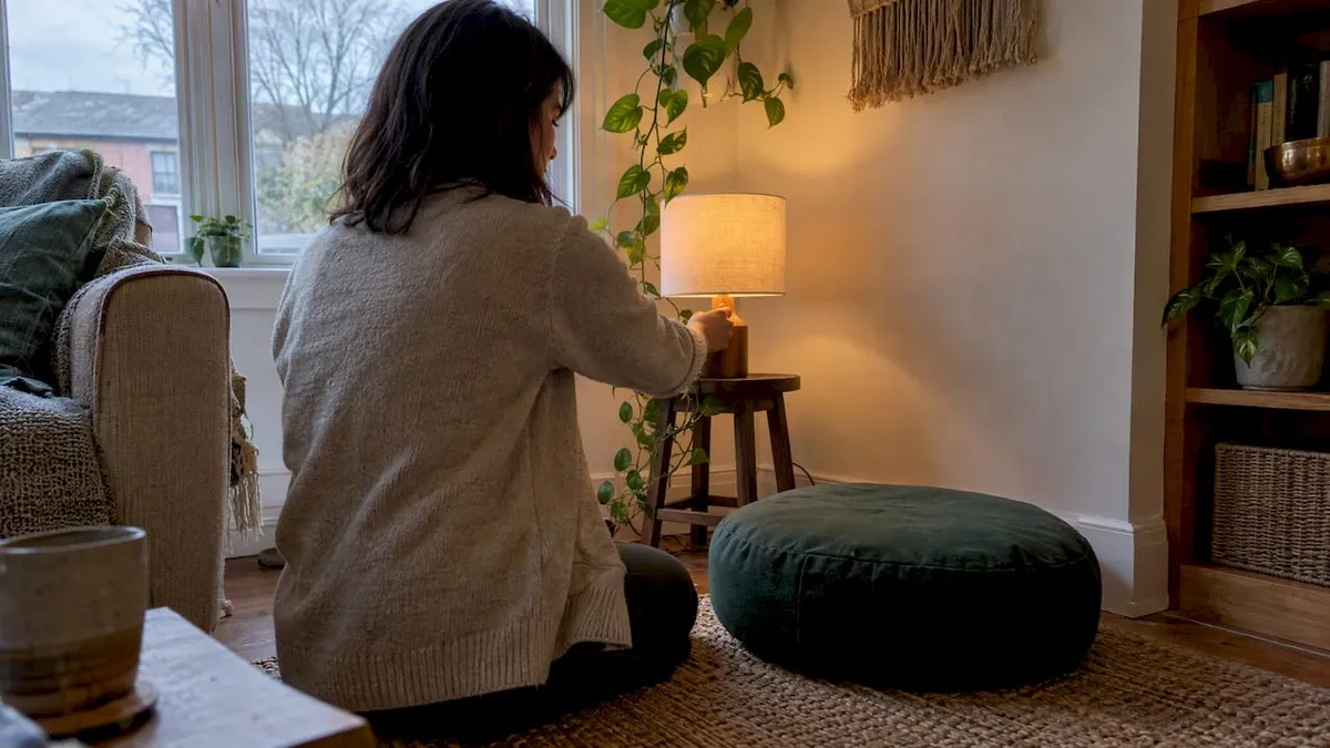 Warm lamp beside a meditation cushion