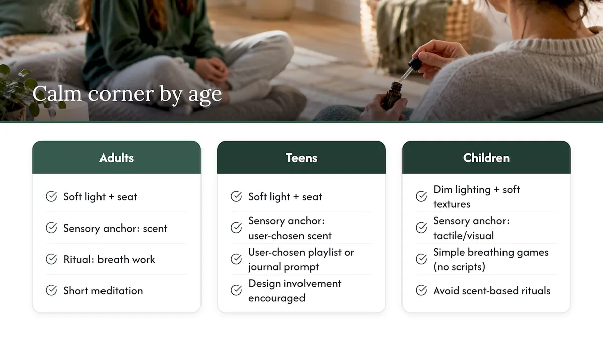 Calm corner adaptations across three age groups