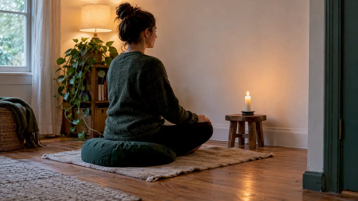 Candle holder beside a meditation cushion