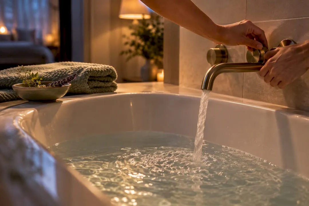 Hands preparing a warm bath before sleep