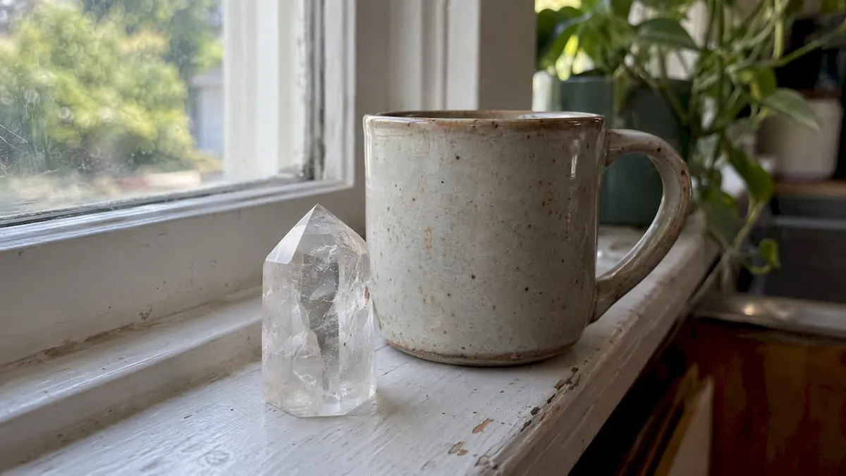 Quartz point beside an everyday ceramic mug