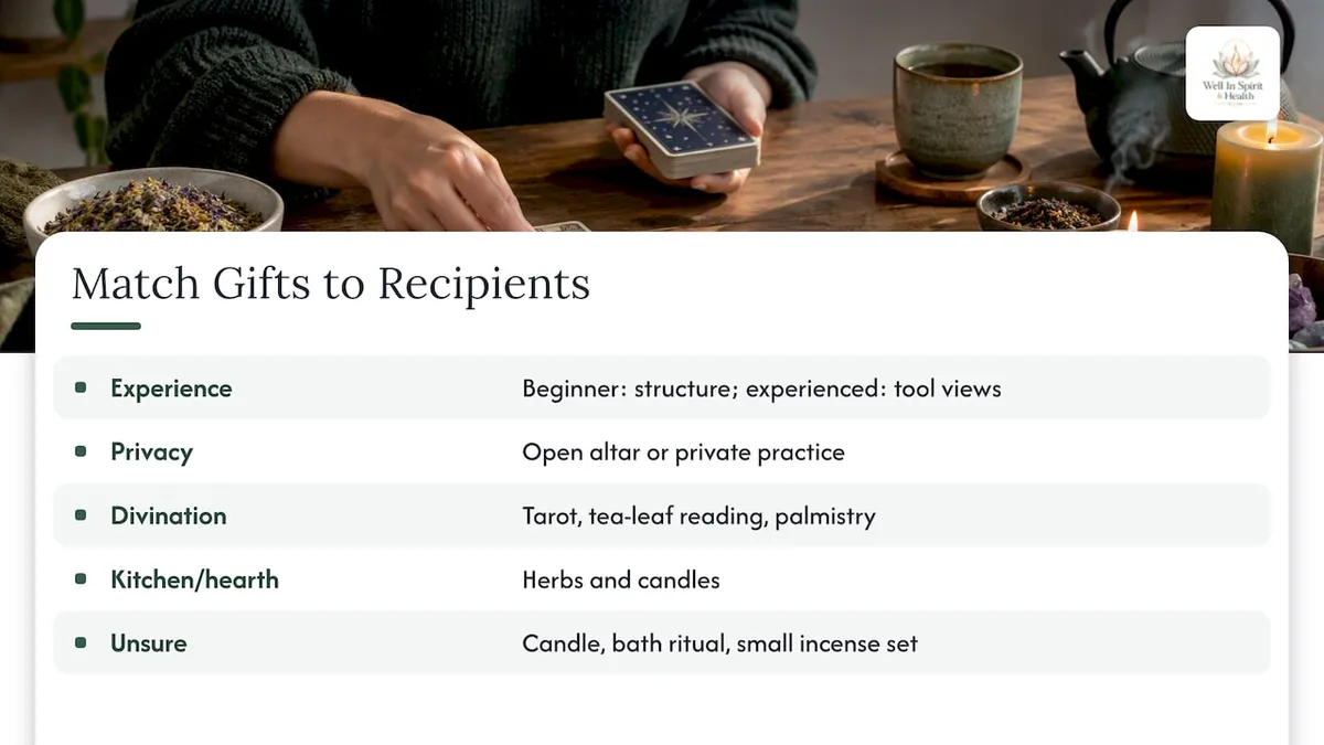 Recipient considerations mapped to witchcraft gift ideas