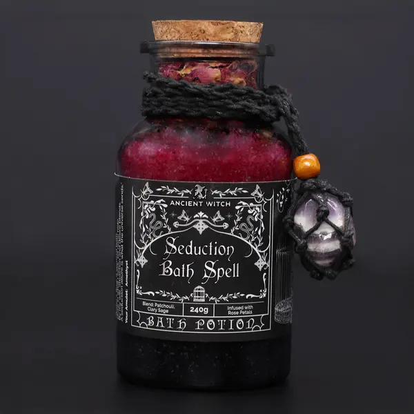 Ancient Witch Bath Spell Potion & Amethyst Crystal Amulet - Seduction