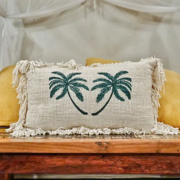 Linen Cushion Cover 30x50cm Palm Tree with Fringe