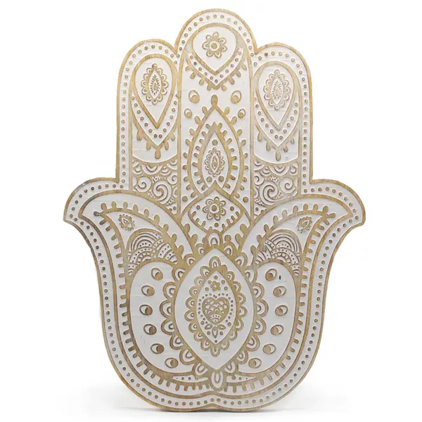 Mango Wood Hamsa Wall Plaque - Whitewash