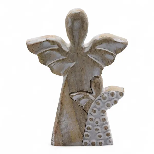 Mango Wood Angel in Angel - Whitewash