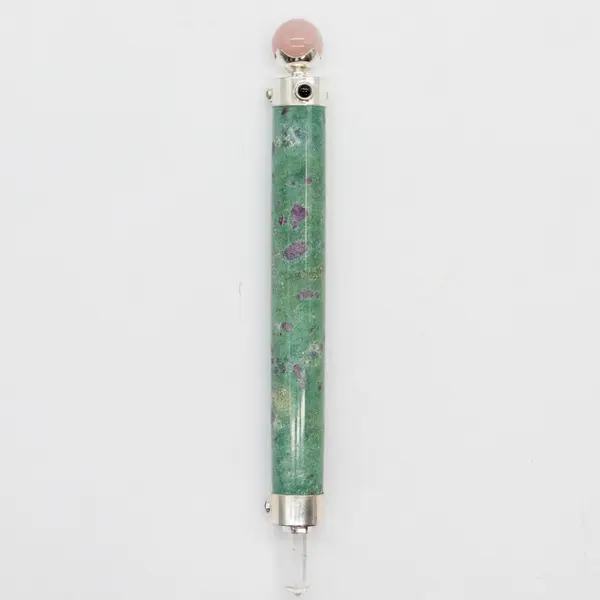 Verdant Heart Wand - Ruby Fuchsite Rose Quartz Crystal Ball top - 23cm