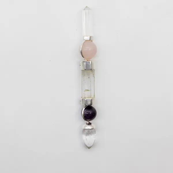 Axis of Grace Wand - Amethyst & Rose Quartz Spheres, Quartz Stem - 12cm