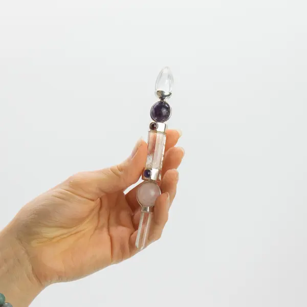 Axis of Grace Wand - Amethyst & Rose Quartz Spheres, Quartz Stem - 12cm