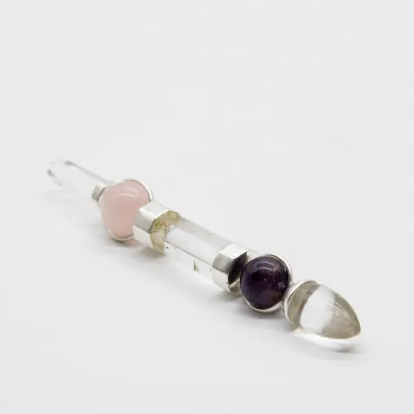 Axis of Grace Wand - Amethyst & Rose Quartz Spheres, Quartz Stem - 12cm