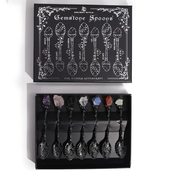 Set of 7 Dark Silver Gemstone Crystal Witch Spoons