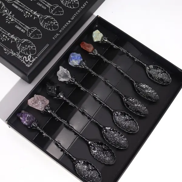 Set of 7 Dark Silver Gemstone Crystal Witch Spoons