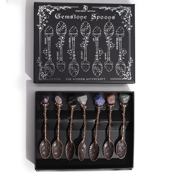 Set of 7 Bronze Gemstone Crystal Witch Spoons