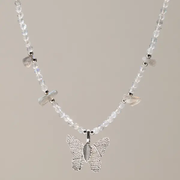 Nymph Labradorite Gemstone Necklace with Real Leaf Butterfly Pendant