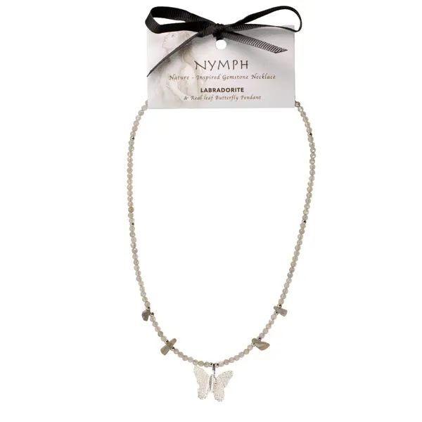 Nymph Labradorite Gemstone Necklace with Real Leaf Butterfly Pendant