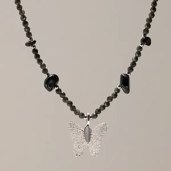 Nymph Black Obsidian Gemstone Necklace with Real Leaf Butterfly Pendant