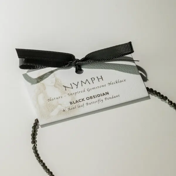 Nymph Black Obsidian Gemstone Necklace with Real Leaf Butterfly Pendant