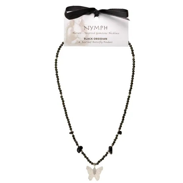 Nymph Black Obsidian Gemstone Necklace with Real Leaf Butterfly Pendant