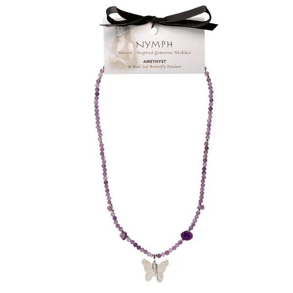 Nymph Amethyst Gemstone Necklace with Real Leaf Butterfly Pendant