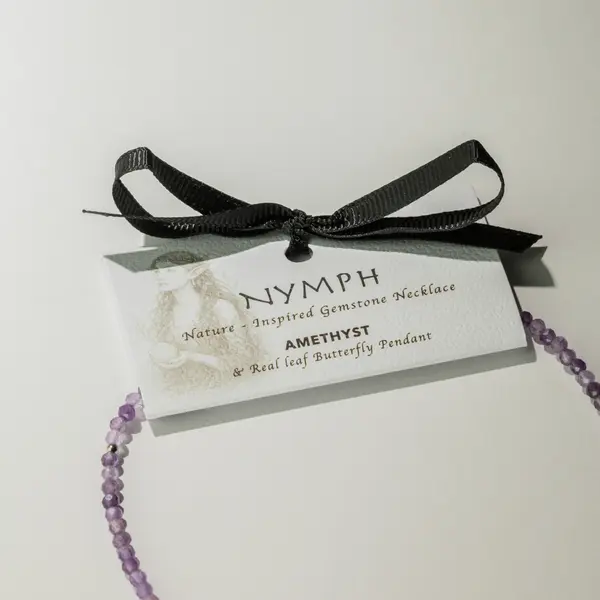 Nymph Amethyst Gemstone Necklace with Real Leaf Butterfly Pendant