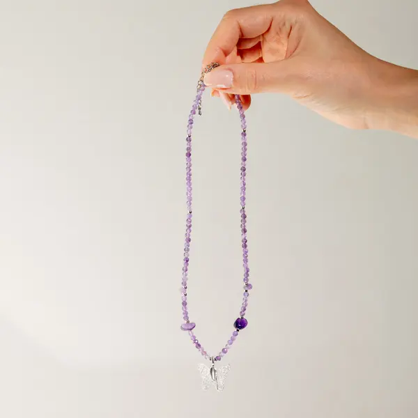 Nymph Amethyst Gemstone Necklace with Real Leaf Butterfly Pendant