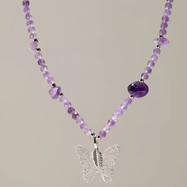 Nymph Amethyst Gemstone Necklace with Real Leaf Butterfly Pendant