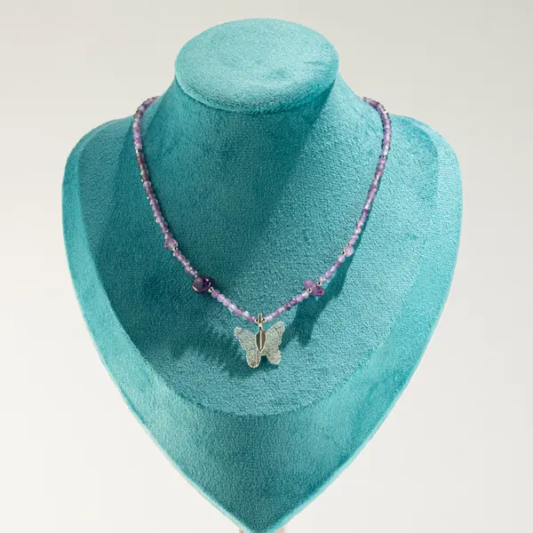 Nymph Amethyst Gemstone Necklace with Real Leaf Butterfly Pendant