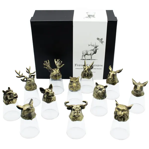 Gift Set of 12 Bottom Up Shot Glasses (25ml) - Forest & Mystical Creatures - Antique Bronze