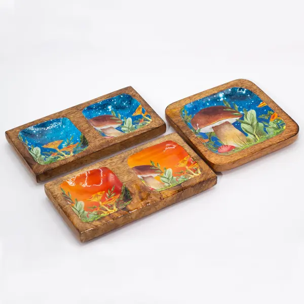 Big Square Trinket Tray 15x15x2.5cm - Mushroom Design Teal