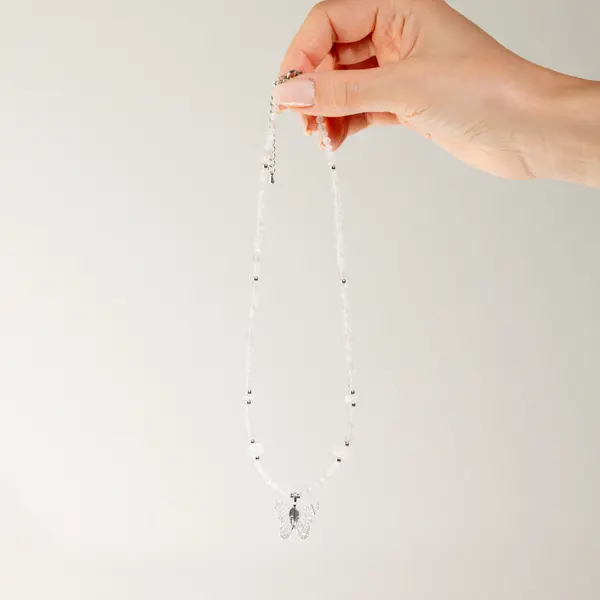 Nymph Rose Quartz Gemstone Necklace with Real Leaf Butterfly Pendant