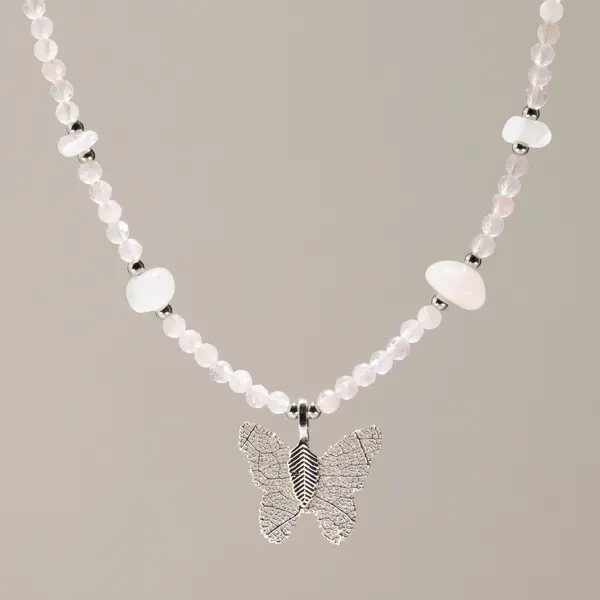 Nymph Rose Quartz Gemstone Necklace with Real Leaf Butterfly Pendant
