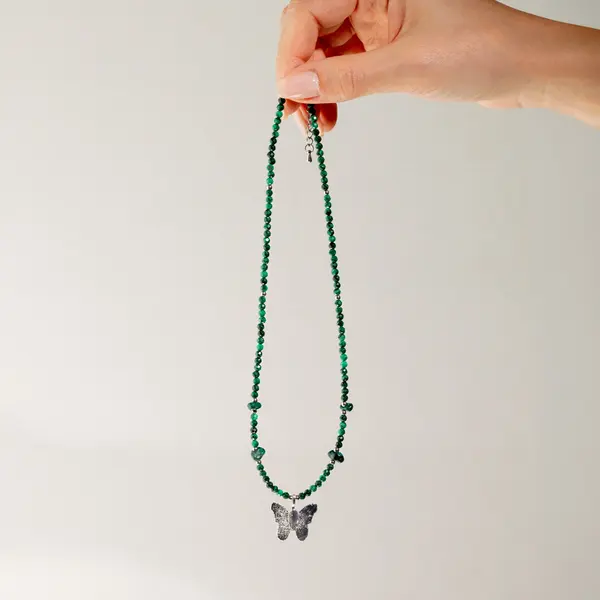 Nymph Malachite Gemstone Necklace with Real Leaf Butterfly Pendant