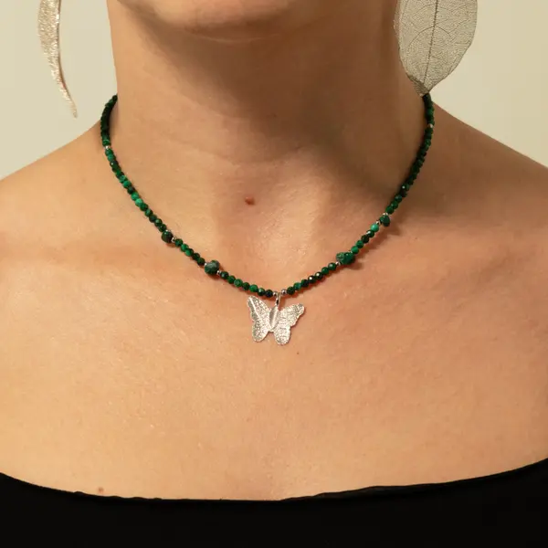 Nymph Malachite Gemstone Necklace with Real Leaf Butterfly Pendant