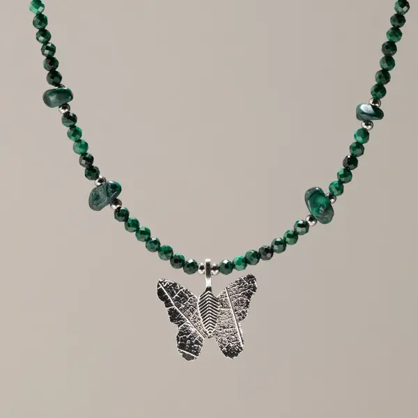 Nymph Malachite Gemstone Necklace with Real Leaf Butterfly Pendant