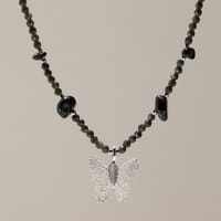 Nymph Black Obsidian Gemstone Necklace with Real Leaf Butterfly Pendant